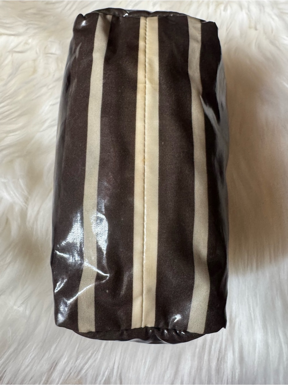 Tory Burch Brown and Cream Striped Cosmetic Pouch with Logo Medallion - Picture 6 of 10